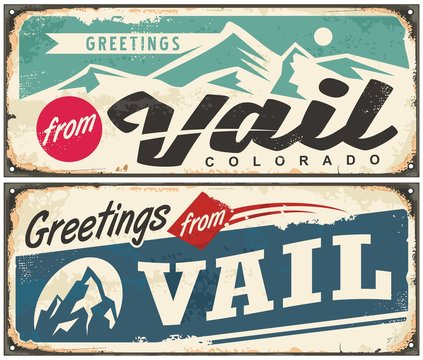 Vail Colorado Retro Souvenir From Winter Holiday Destination. Vintage Greeting Card Template From Vail USA. Vector Illustration.