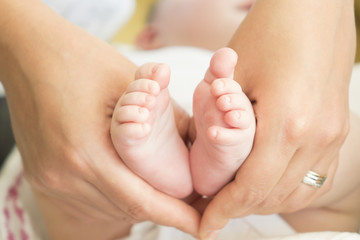 Fototapeta na wymiar baby feet in mother hands - hearth shape