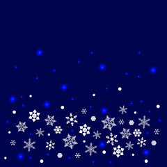 Fototapeta na wymiar Snowflakes background. 5 forms, stars, lights. White elements, dark blue background. Place for your text
