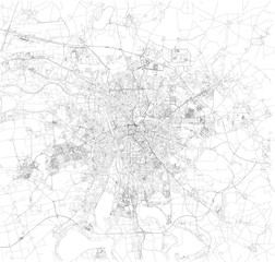 Fototapeta na wymiar Cartina di Lipsia, vista satellitare, mappa in bianco e nero. Stradario e mappa della città. Germania