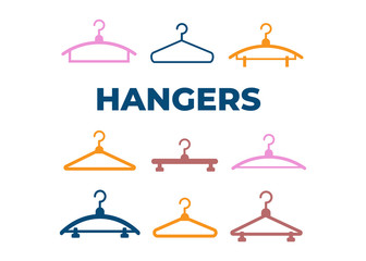 Hangers vector black icons. Cloth hanger, object hanger set