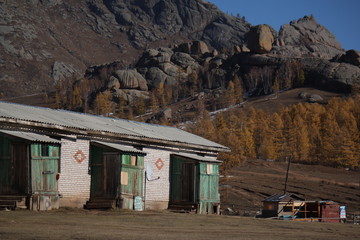 Obraz na płótnie Canvas Farmer´s house home cottage barn with lavatory and yellow conifer trees and mountain rocks in autumn fall at Terelji National Park, Mongolia, Asia