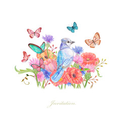 invitation card with lovely summer flowers and cute bird. watercolor painting