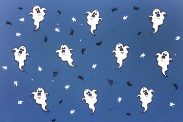 Halloween decorations on white background, flat lay, top view