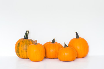 Autumn orange pumpkin on white background. Halloween, copy space.