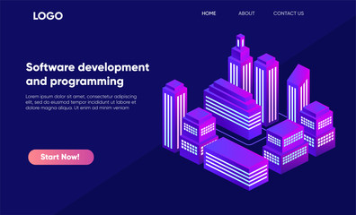 Isometric city set in violet colors 3d building modern town street, urban road architecture. Ultraviolet illustration of isometry