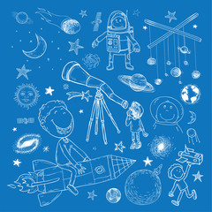 Set of planets icon, hand drawn vector illustration.	