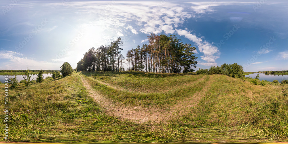 Wall mural full seamless spherical panorama 360 by 180 angle view on the shore of width river neman in sunny su