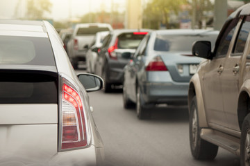 Fototapeta premium Car break on the road.Traffic jam with Cars runs in rush hour at Rayong Thailand.