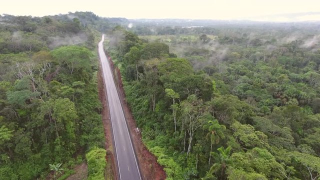Aerial view of an Amazonian highway in Ecuador. Roads bring colonization and destruction of the rainforest to the Amazon Basin.