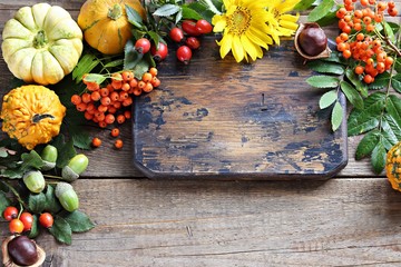 Autumn rustic background. Thanksgiving background with pumpkin, seasonal flowers and berries. Overhead view, copy space