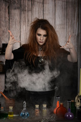 witch casting a spell with smoke and cauldron