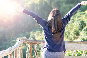Country home with wellbeing relaxed nice hair woman feeling good during vacation in natural resort...