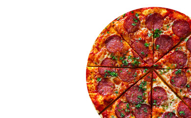 Pepperoni Pizza with Mozzarella cheese, salami, Tomatoes, pepper, Spices and Fresh Basil. Italian pizza isolated on white background. with copy space. top view