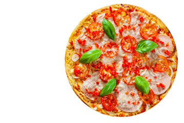 sliced Pizza with Mozzarella cheese, Ham, Tomatoes, pepper, Spices and Fresh Basil. Italian pizza isolated on white background. with copy space. top view