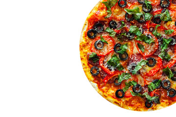 slices of Pizza with Mozzarella cheese, salami, pepper, pepperoni, Tomatoes, olives, Spices and Fresh Basil. Italian pizza isolated on white background. with copy space. top view