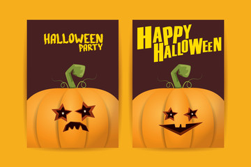 Halloween vertical cartoon posters set with Halloween scary pumpkins . Funky kids Halloween background with space for text