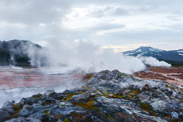 Smoking fumaroles on Hverarond valley, north Iceland, Europe. Landscape photography