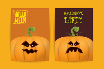 Halloween vertical cartoon posters set with Halloween scary pumpkins . Funky kids Halloween background with space for text