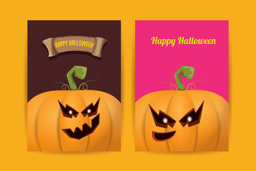 Halloween vertical cartoon posters set with Halloween scary pumpkins . Funky kids Halloween background with space for text