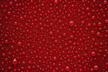 Fototapeta premium Zbliżenie krople deszczu na czerwonym samochodzie z powłoką hydrofobową