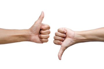 Thumbs up and thumbs down on white background - obrazy, fototapety, plakaty
