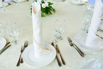 The  napkin nicely folded on the plates, serving a celebratory banquet
