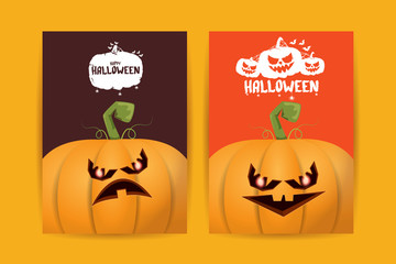 Halloween vertical cartoon posters set with Halloween scary pumpkins . Funky kids Halloween background with space for text