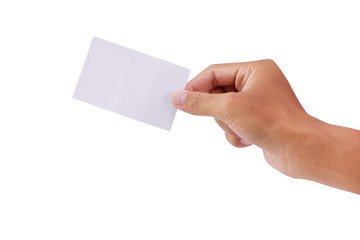 Obraz premium Hand holding blank business card isolated on white background - clipping paths