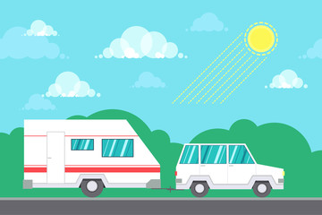 Road travel poster with car and camping trailer on highway. Flat style design illustration.