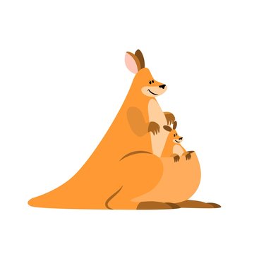 Australian Kangaroo cute cartoon animal. Kangaroo mom with baby in a bag. Icon isolated on white background, vector illustration.