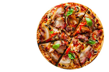 Pizza with Mozzarella cheese, mushrooms, bacon, Tomatoes, pepper, Spices and Fresh Basil. Italian pizza isolated on white background. with copy space. top view