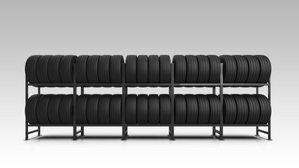 Car tires on rack. Car tires on rack. 3d illustration. © Andrei