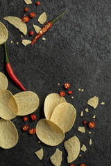 potato chip spicy flavour flat lay top view snack junk food cause of fat