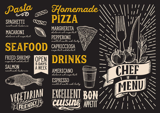 Menu food template for restaurant with doodle hand-drawn graphic.