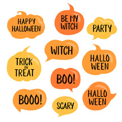 Set of vector halloween speech bubbles with short phrases: happy halloween, trick or threat, party, be my witch etc. Vector illustration on white. Pumpkin speech bubbles set.