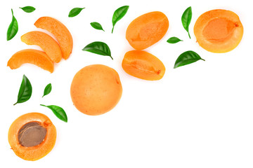 Apricot fruits with leaves isolated on white background with copy space for your text. Top view. Flat lay pattern