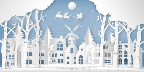 Santa Claus on the sky in the winter season with village , forest and snow  as Paper art and digital craft style concept. vector illustration
