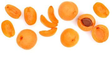 Apricot fruits isolated on white background with copy space for your text. Top view. Flat lay pattern