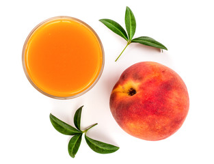 peach juice with leaves isolated on white background. Top view. Flat lay pattern © kolesnikovserg