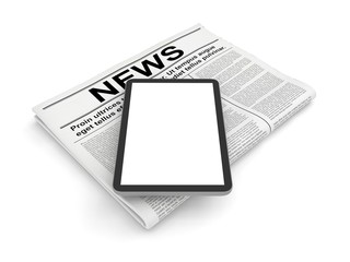 News in the newspaper and vertical blank tablet PC, isolated on white.