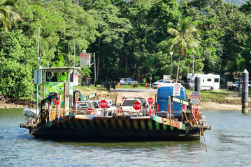 Naklejka premium Daintree River Ferry to Daintree National Park in the tropical north of Queensland, Australia founded in 1981 and became a World Heritage. 