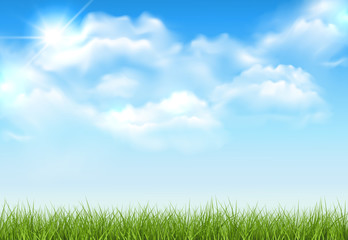 Obraz na płótnie Canvas Beautiful vector sunny lawn or meadow with fluffy clouds and sun in the sky