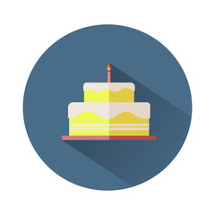 Illustration of a yellow birthday or party cake with candle & shadow on a circular background