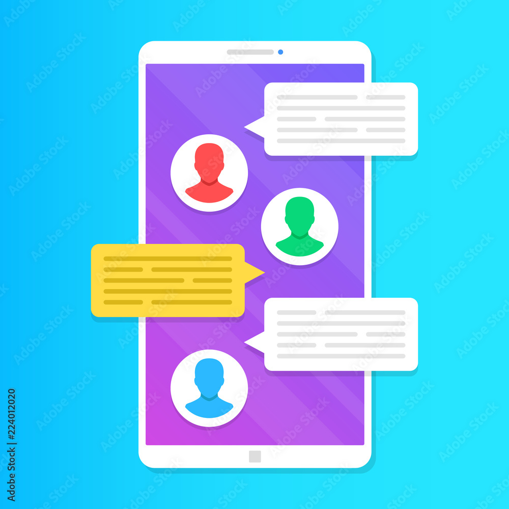 Poster group chat. group text messaging app on smartphone screen. online communication concepts. modern vec