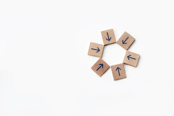 centralization concept , arrow sign on wood with white background