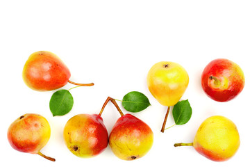 ripe red yellow pear fruits with leaf isolated on white background with copy space for your text. Top view. Flat lay pattern