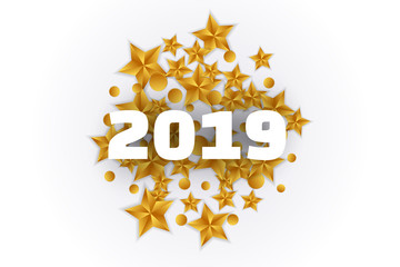 2019 year card with scattered golden stars and confetti on white background.
