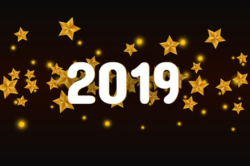 2019 year card with scattered golden stars and bokeh lights on black background. - obrazy, fototapety, plakaty