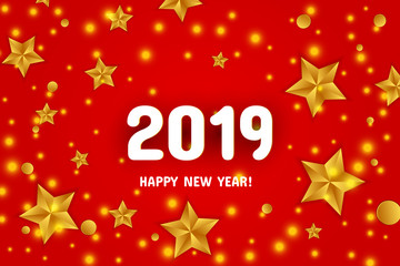 Fototapeta na wymiar 2019 Happy new Year card with scattered golden stars and bokeh lights on red background.